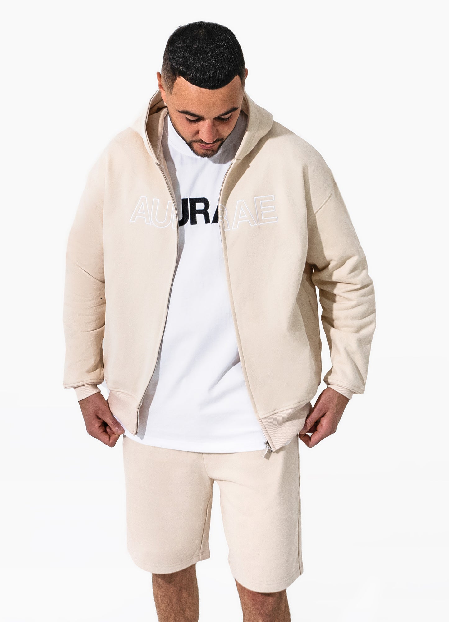 ZIP UP DROP SHOULDER HOODIE | BEIGE