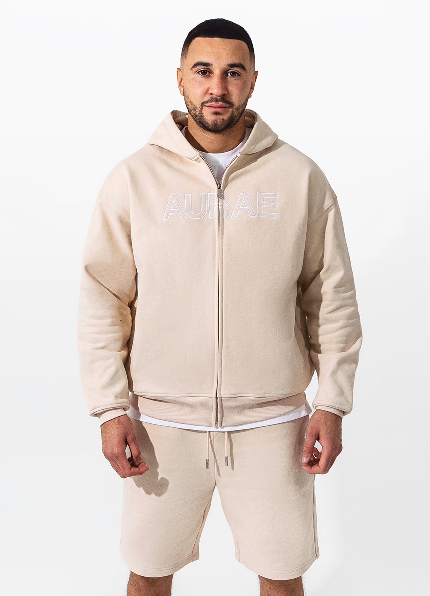 ZIP UP DROP SHOULDER HOODIE | BEIGE